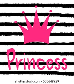 cute vector card with hand drawn pink crown and princess lettering word on striped background