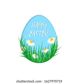Cute vector card Happy Easter with green grass, spring flowers into the eggs. Easter poster with realistic grass meadow, blooming Bellis. Paper cut card design, template on white background.