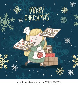 Cute vector card.  Happy New Year and Merry Christmas! Girl with sweets and cookies