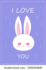 Cute vector card with a hare and hearts in honor of Valentine's Day, designed for printing postcards, flyers, notebooks, paper