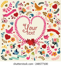 Cute vector card with heart, birds and floral elements