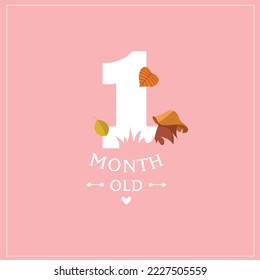 Cute vector card "I am 1 month old". Pink postcard for a photo of a child. First year of life. birthday