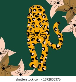 cute vector card illustration with leopard and flowers