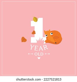 Cute vector card "I'm 1 year old". Pink postcard for a photo of a child. First year of life. birthday, Cute fox