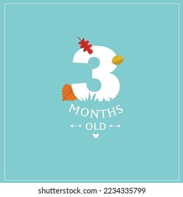 Cute vector card "I'm 3 months old". Blue postcard for a photo of a child. First year of life. birthday