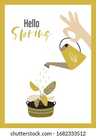 Cute vector card with the inscription "Hello spring". A man is watering garden flowers from a watering can. Gardener's hobby. Vector illustration is good for postcard, poster, sticker.
