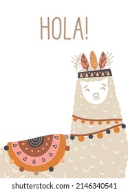 Cute vector card with a lama in Mexican style. Kind greeting banner in boho cartoon style. Hola inscription. Design for the site, banner, advertising, congratulations, postcards, textiles, stationery.