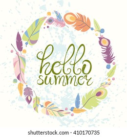 Cute vector card, light airy feathers. Hello summer. 