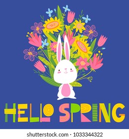 Cute vector card with little bunny, flower and hello spring lettering
