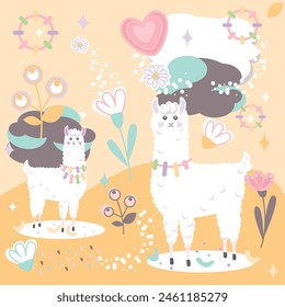 Cute vector card with cute llama, flowers and hearts.
