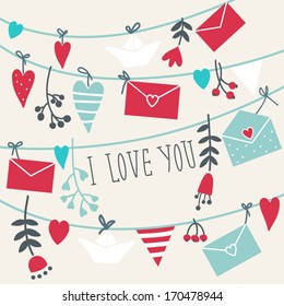 Cute vector card made of romantic signs: hearts, paper ships, messages and flowers. Ideal for invitations, birthday card and Valentines Day card