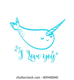 cute vector card with manatee or unicorn-fish. you can change the label on its. for coloring book.