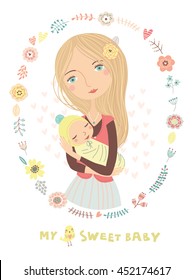 Cute vector card with mommy and child. Happy mothers day. 