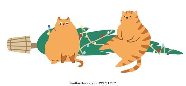 Tarjeta vector circular para el Año Nuevo. Los gatos rojos derribaron un árbol de Navidad. 