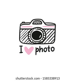 Cute vector card with photo camera and lettering - I love photo. Hand drawn illustration with retro photo camera. 