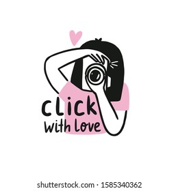 Cute Vector Card With Photo Camera And Lettering - Click With Love. Girl  Holds A Camera And Photographs. Hand Drawn Illustration.