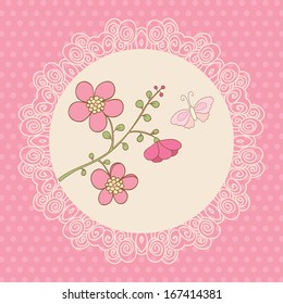 Cute vector card with pink flowers and butterfly. Pink background, polka dot and white lace frame. Ideal for scrap booking, celebration card, invitation.