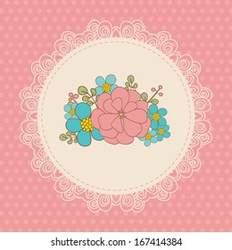 Cute vector card with pink flowers. Pink background, polka dot and white lace frame. Ideal for scrap booking, celebration card, invitation.