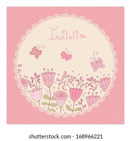 Cute vector card with pink flowers and butterfly. Pink background and white lace frame. Ideal for scrap booking, celebration card, invitation.