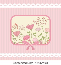 Cute vector card with pink flowers. Pink striped background and white lace frame. Ideal for scrapbooking, celebration card, invitation.