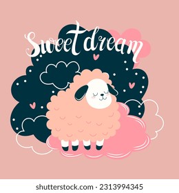 cute vector card with a pink sheep, clouds and hearts and the inscription sweet dreams