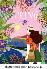 Cute vector card or poster with an drawn illustration of the time of the year of the spring and a  girl in a hat and glasses surrounded by trees, plants, nature and flowers, decorative landscape