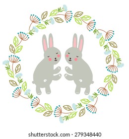 Cute vector card with a rabbit in a flower frame