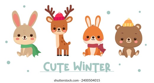 Cute vector card with rabbits, deer and bear. Winter illustration.