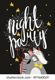 Cute vector card with a raccoon in the devil costume. night party. used for invitations to Halloween. beautiful capital letters, nice lettering. Halloween phrase. Halloween Feast