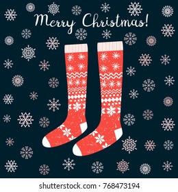 Cute vector card with red Christmas stockings on dark background with pink snowflakes