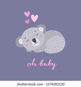 Cute vector card with sleeping koala and lettering. Funny baby illustration with animal bear and hearts