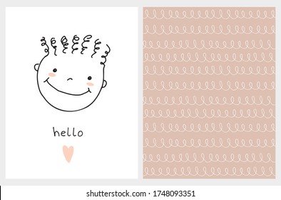 Tarjeta vectorial con niño sonriente y corazón rosado. Canciones De Estilo Childlish. Patrón de vectores sin inconvenientes con líneas blancas con bucles aislados en un fondo marrón claro. Ilustración de estilo infantil.
