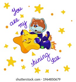 Cute vector card with space cat character hugs big star and hand drawn lettering isolated on white