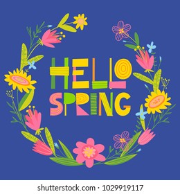 Cute vector card with spring flowersr and hello spring lettering
