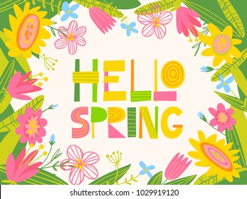 Cute vector card with spring flowersr and hello spring lettering