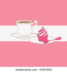 Cute vector card with tea cap and sweet cupcake