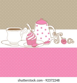 Cute vector card with tea cap, pot and sweet cupcake