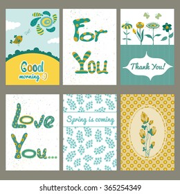 Cute vector card templates set with spring floral elements and funny animals. For greeting cards, baby shower design, notes, brochures, tags and labels, invitations, scrapbooking, calendars, etc. 