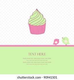 Cute vector card with two birds and cupcake. Valentine`s concept