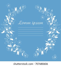 Cute vector card for wedding, birthday, valentine's day with contour flower frame isolated on a navy background with place for your text. Illustration with lettering lorem ipsum. Flower composition