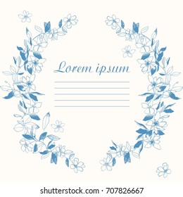 Cute vector card for wedding, birthday, valentine's day with contour flower frame isolated on a old white background with place for text. Illustration with lettering lorem ipsum. Flower composition