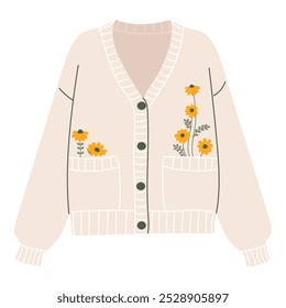 Cardigan de Vector lindo. Cálido y acogedor artículo de ropa de otoño. Arte de Clip de dibujos animados divertido simple aislado en blanco. Dibujado a mano