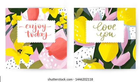 Cute vector cards with floral and fruit design. Flowers and leaves. Summer illustrations. Posters on modern style. Printable cards. Set of Hand Drawn Universal Cards. Creative Templates.