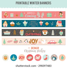 Cute Vector Cards, Notes, Stickers, Labels, Tags with Winter Christmas Illustrations and Wishes. Template for New 2016 Year Greeting Scrapbooking, Congratulations, Invitations. Vertical Card