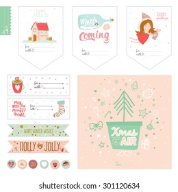 Cute Vector Cards, Notes, Stickers, Labels, Tags with Winter Christmas Illustrations and Wishes. Template for New 2016 Year Greeting Scrapbooking, Congratulations, Invitations. Vertical Card