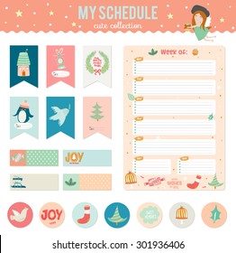 Cute Vector Cards, Notes, Stickers, Labels, Tags with Winter Christmas Illustrations and Wishes. Template for New 2016 Year Greeting Scrapbooking, Wrapping, Invitation, Notebooks, Diary