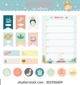 Cute Vector Cards, Notes, Stickers, Labels, Tags with Winter Christmas Illustrations and Wishes. Template for New 2016 Year Greeting Scrapbooking, Wrapping, Invitation, Notebooks, Diary