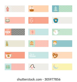 Cute Vector Cards, Notes, Stickers, Labels, Tags with Winter Christmas Illustrations and Wishes. Template for New 2016 Year Greeting Scrapbooking, Congratulations, Invitations. Vertical Card