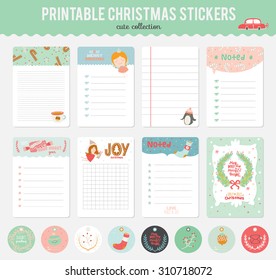Cute Vector Cards, Notes, Stickers, Labels, Tags with Winter Christmas Illustrations and Wishes. Template for New 2016 Year Greeting Scrapbooking, Congratulations, Invitations. Vertical Card