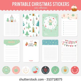 Cute Vector Cards, Notes, Stickers, Labels, Tags with Winter Christmas Illustrations and Wishes. Template for New 2016 Year Greeting Scrapbooking, Congratulations, Invitations. Vertical Card